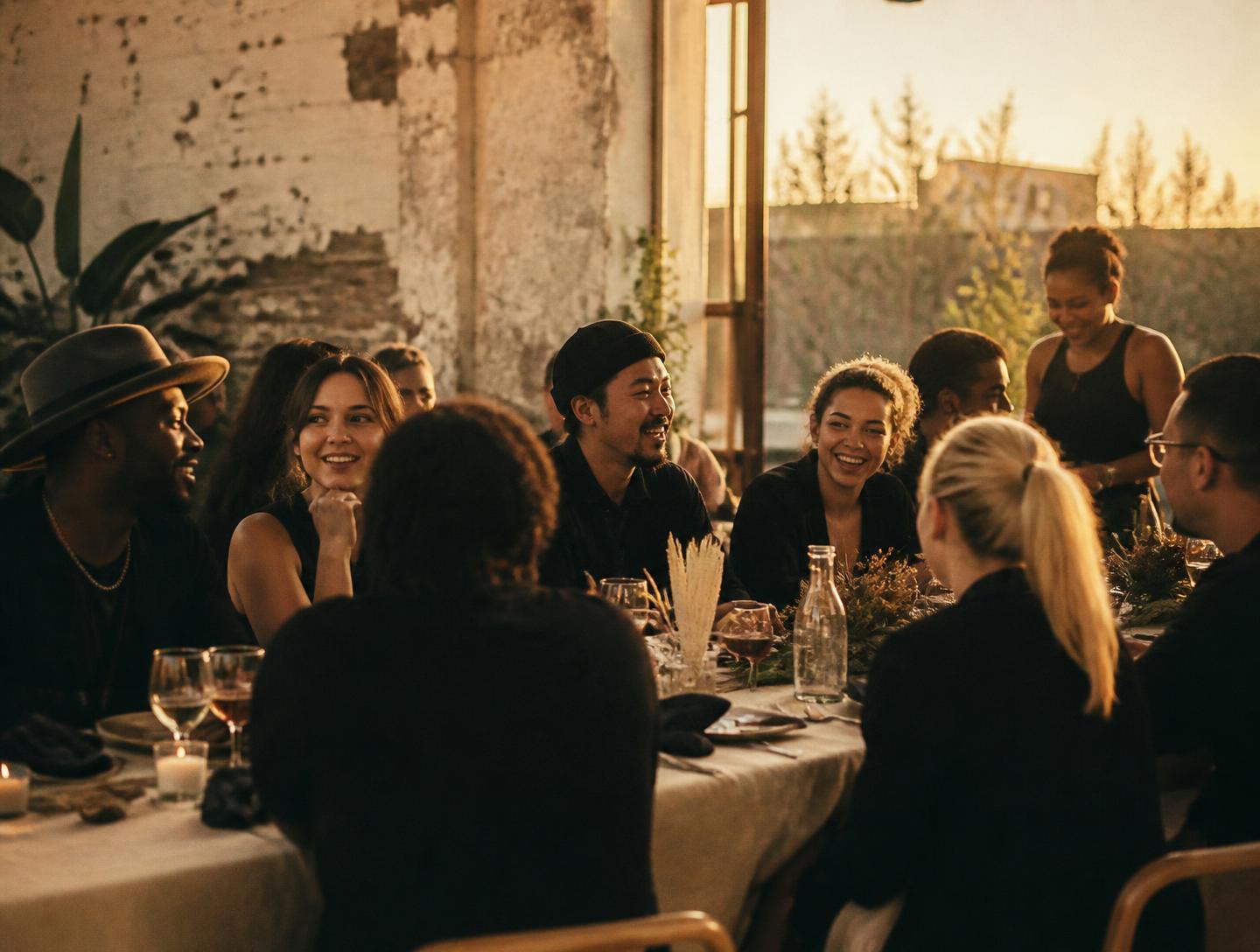 A creative collective gathered around a long table at golden hour