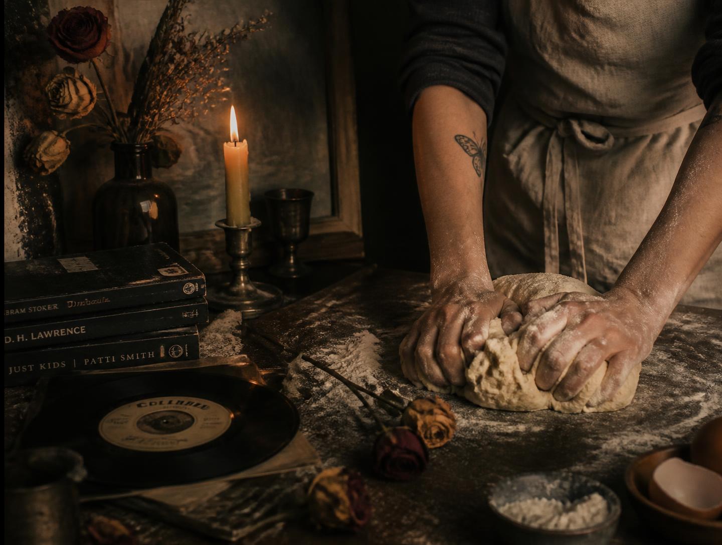 Hands kneading dough beside a record and dried roses in candlelight