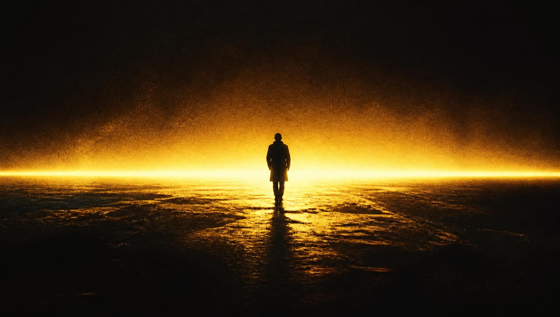 Silhouette walking toward a gold horizon